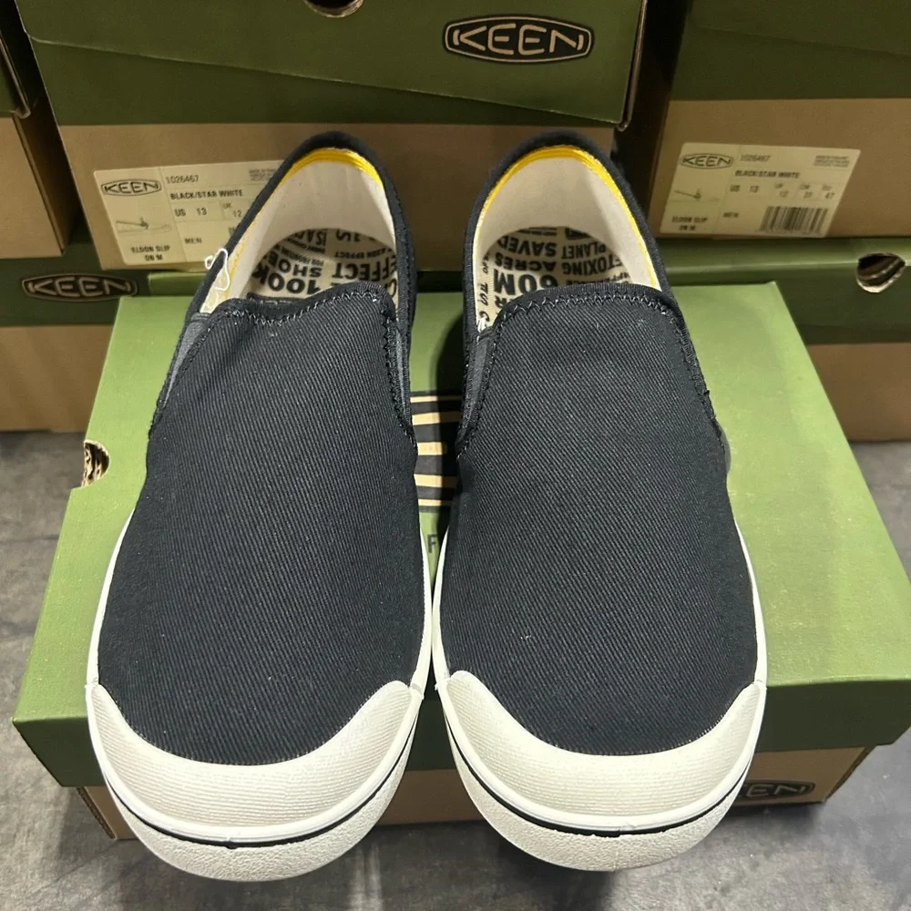 Keen Black Slip-On Canvas Loafers with White Toe and Sole